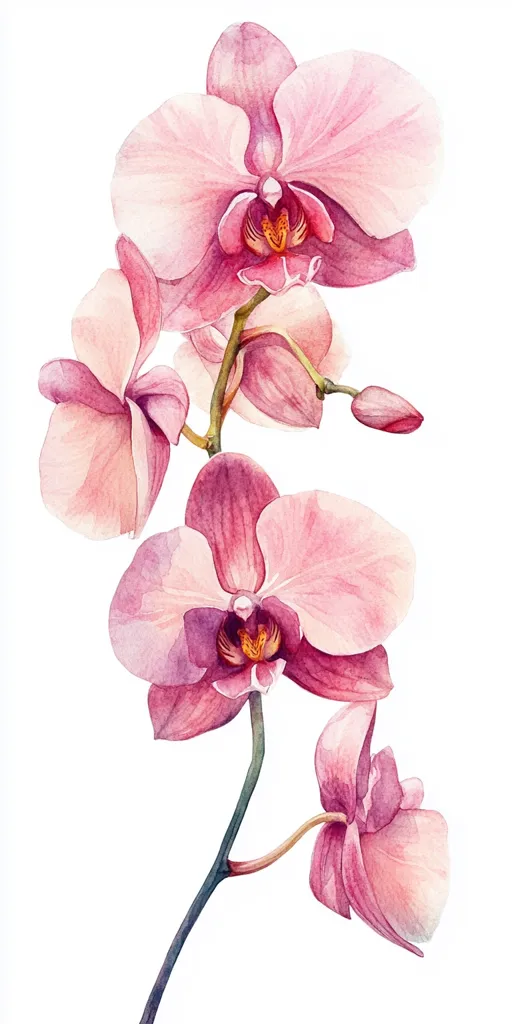 A delicate watercolor painting depicts a single stem of pink orchids. The blossoms are open and facing the viewer, their petals are soft and textured, and the colors range from pale pink to deep rose. The stem is thin and green, with a few unopened buds. The background is a crisp white, highlighting the beauty of the flowers.