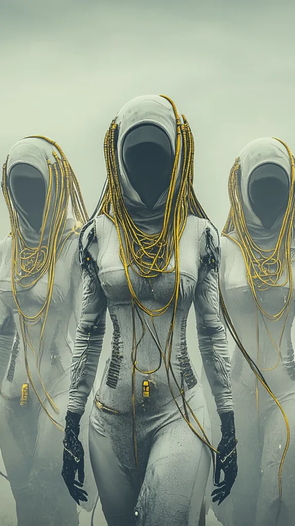 Three figures, clad in white suits and golden chains, stand in a hazy, ethereal environment. Their faces are obscured by hoods, creating an air of mystery and otherworldliness. The figures appear to be walking towards the viewer, their postures conveying a sense of purpose or mission. The image evokes a sense of futuristic sci-fi or fantasy, suggesting a narrative of unknown origin and intrigue.