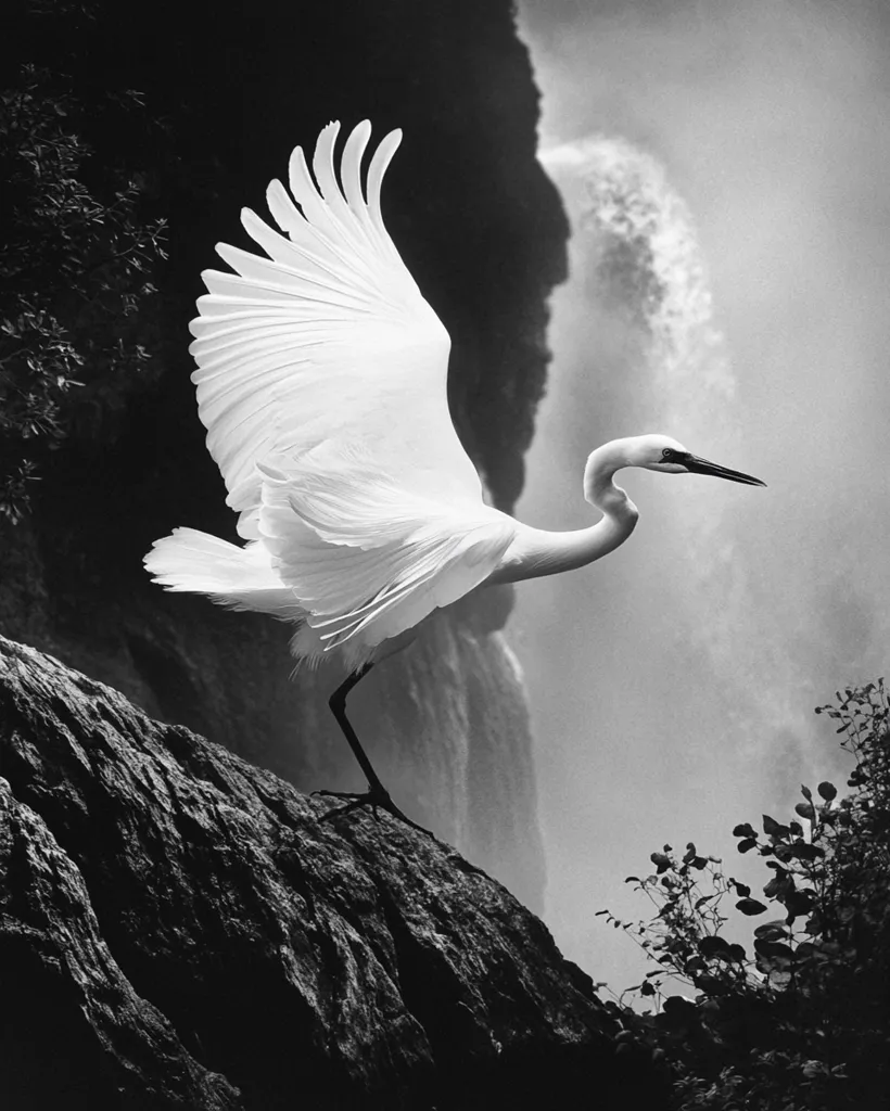 A white egret stands on a rock with its wings spread wide, facing a large waterfall. The image is in black and white, highlighting the stark contrast between the bird's white plumage and the dark rocks and misty waterfall.  The egret's posture is elegant and graceful, its wings creating a delicate and ethereal shape. The waterfall adds a sense of power and movement to the scene, while the mist creates a soft, ethereal atmosphere.