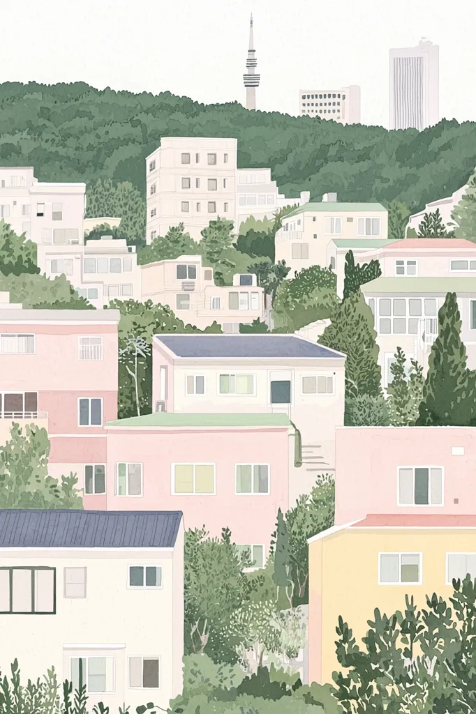 The image depicts a cityscape with a focus on residential buildings nestled within lush greenery. A tall tower stands in the distance, while the foreground showcases a variety of buildings in soft pastel colors, primarily pink and yellow.  The image captures a serene and tranquil atmosphere, highlighting the harmony between urban architecture and nature.