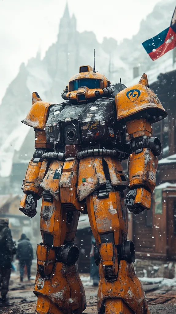 A large, yellow and black robot stands in the snow, its weathered armor covered in snow. The robot has a large, black head with a visor. The background is a blurred cityscape with snow falling. The robot is standing in the middle of the image, facing the viewer. The robot appears to be a Gundam-style mecha.  A flag,  red and blue, is waving in the distance.