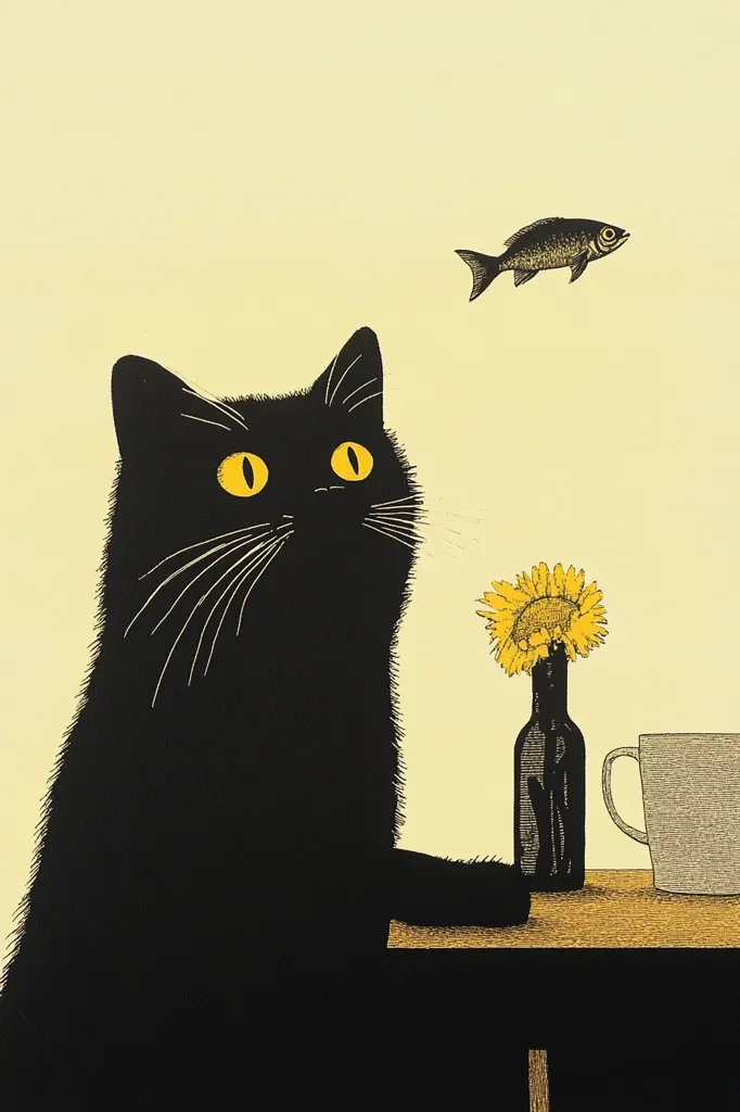 A black cat with bright yellow eyes sits at a table with a flower in a vase and a mug. A small fish is flying above the cat's head. The background is a light yellow. The image is drawn in a simple, minimalist style.  The overall feeling is playful and whimsical.