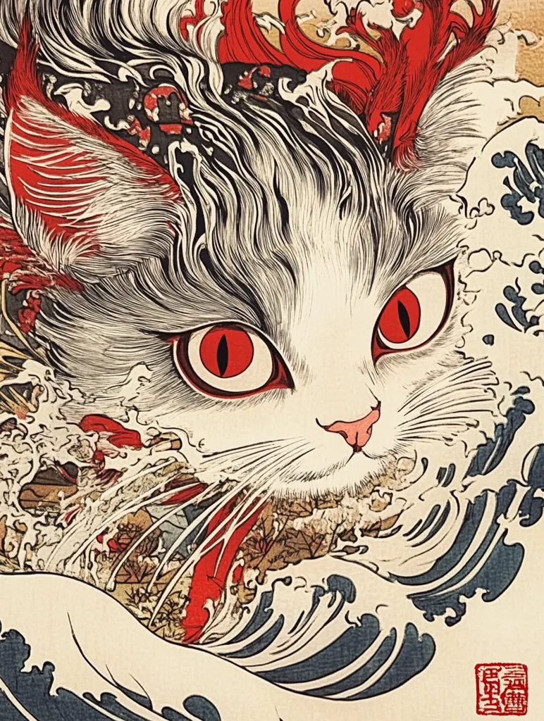 The image is a Japanese woodblock print depicting a white cat with large, red eyes, emerging from a swirling wave. The cat's fur is detailed with black and white lines, adding to the intricate design. The wave, drawn in shades of blue and white, evokes a sense of movement and power. The background is a blend of soft colors, creating a dynamic composition. A red seal with Japanese characters is visible in the lower right corner.  The image combines traditional Japanese art elements with a modern twist, portraying the cat as a powerful and enigmatic creature.