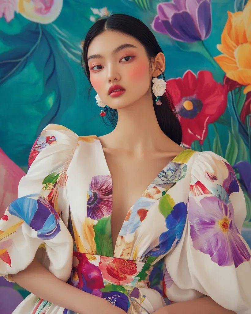 A young woman with long black hair is wearing a white floral dress with a deep V-neckline. She is posed against a backdrop of colorful, painted flowers. Her makeup features a pink blush and red lipstick, and she is wearing large white flower earrings.  The colors of the dress and the backdrop are complementary, creating a harmonious visual composition.  The woman's expression is calm and introspective.