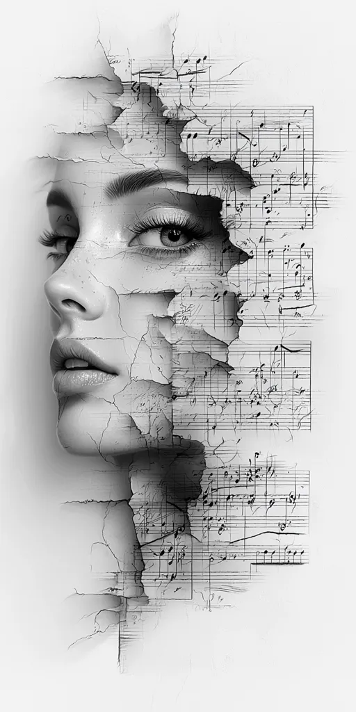 The image is a black and white drawing of a woman's face. The face is partially obscured by a sheet of music that is torn and fragmented, suggesting a connection between music and the human experience. The drawing is done in a realistic style, with detailed shading and textures. The overall effect is one of beauty and mystery.