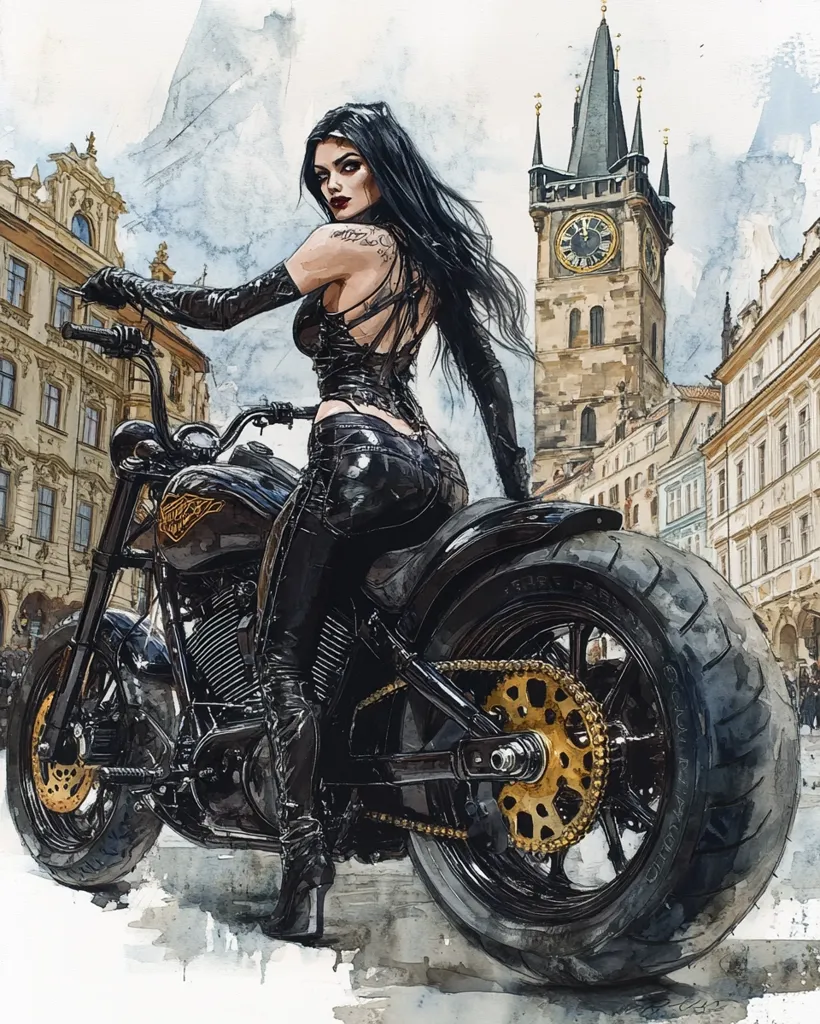 A woman with long black hair and leather clothing is riding a black motorcycle in a European city. The background is a watercolor-like painting of buildings and a clock tower. She is wearing leather boots and gloves and appears to be looking over her shoulder. The motorcycle is large and has a black tire.  The image has a  retro feel.