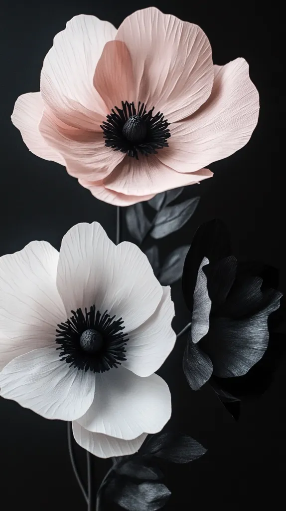 Three paper flowers, two in shades of white and pink, and one in black, are arranged against a black background. The flowers are delicately crafted with intricate details, showcasing a stark contrast between light and dark. The image has a minimalist feel, emphasizing the beauty of the flowers and the starkness of the black background.