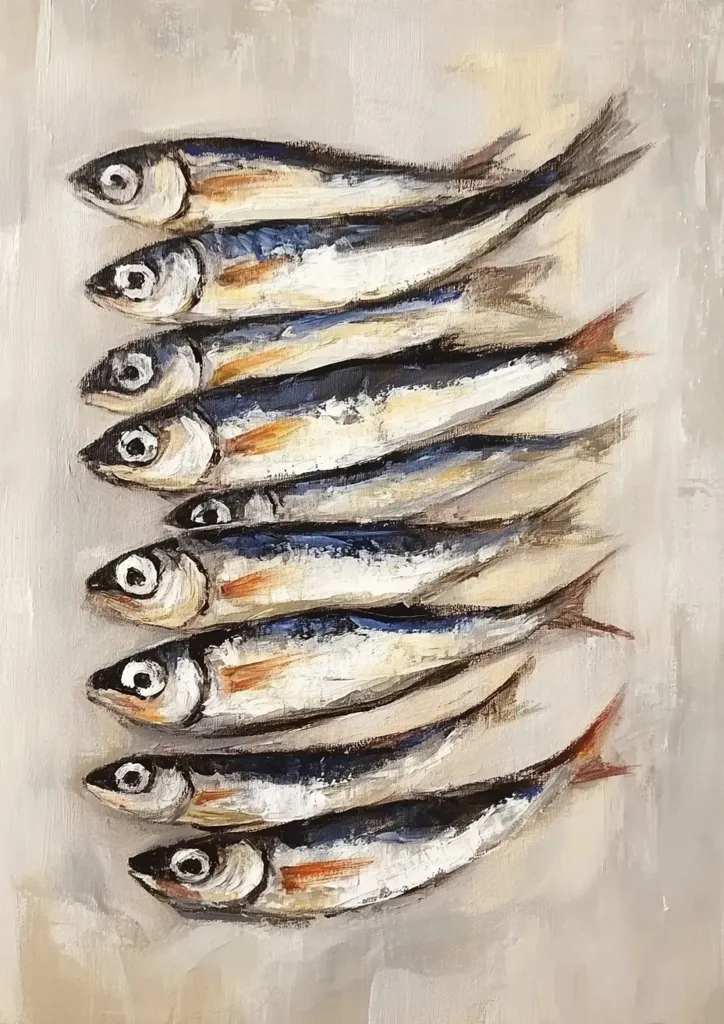A painting of eight silvery fish, arranged in a row on a light grey background. They are depicted with meticulous detail, showcasing their scales, fins, and eyes. The fish are all facing the same direction, creating a sense of movement and directionality. The artist has captured the essence of these marine creatures in a simple, yet striking composition.