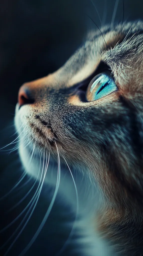 The image is a close-up of a cat's face, with a focus on its bright blue eye. The cat's fur is soft and fluffy, and its whiskers are long and prominent. The background is dark and blurry, creating a sense of depth and mystery. The image captures the beauty and mystique of a cat's gaze.