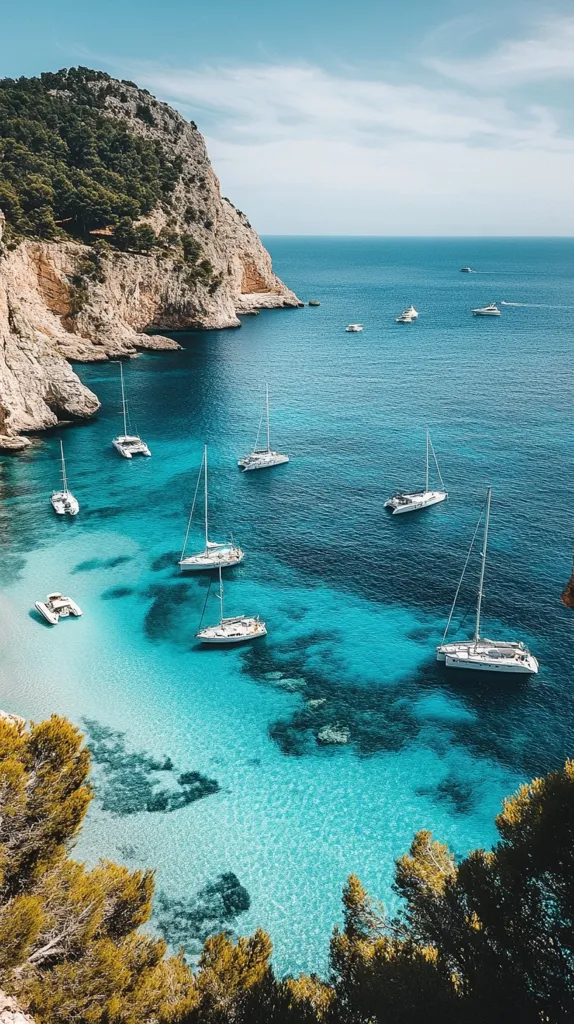 A stunning aerial view of a secluded bay with crystal clear turquoise water. Several white sailboats are anchored in the bay, surrounded by lush green trees and a dramatic cliff face. The sky is blue and cloudless, creating a picturesque scene of tranquil beauty.