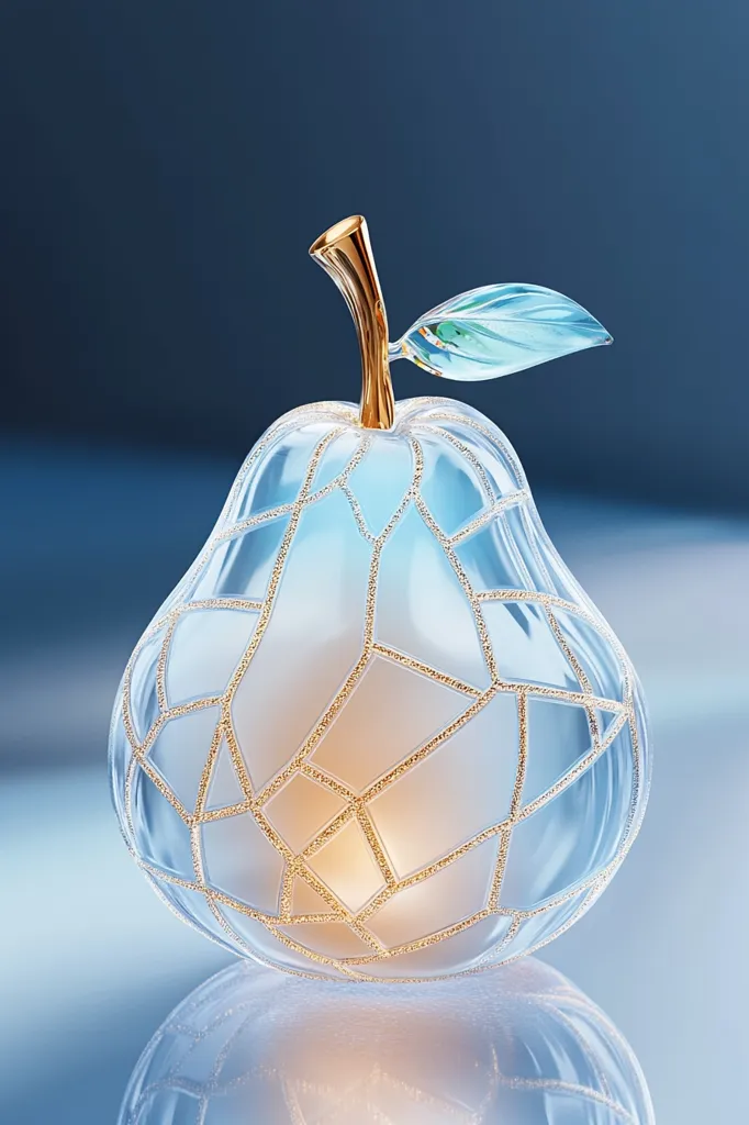 A glass pear ornament with a gold stem and leaf, sitting on a blue surface. The pear is made of clear glass with a geometric pattern, and the inside is illuminated with a soft, warm light. The pear is a delicate and elegant object, and its reflective surface creates a mesmerizing effect.