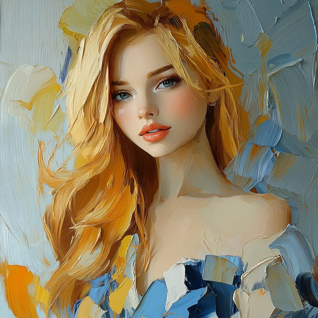 The painting depicts a young woman with long, flowing blonde hair. Her eyes are a striking blue, and her lips are painted a soft pink. The woman is wearing a blue dress with a floral pattern. The background of the painting is a soft, hazy blue. The painting is done in a loose, expressive style, with thick brushstrokes and vibrant colors. The overall effect is one of romanticism and beauty.