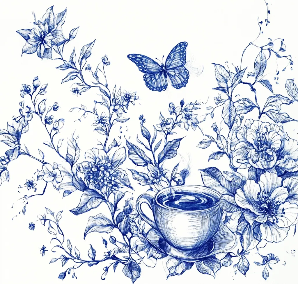 A detailed pen and ink drawing in shades of blue depicts a cup of tea with steam rising from it.  The cup is surrounded by intricate floral designs featuring delicate flowers and leaves, including a butterfly with outstretched wings. The artwork creates a sense of beauty and tranquility.