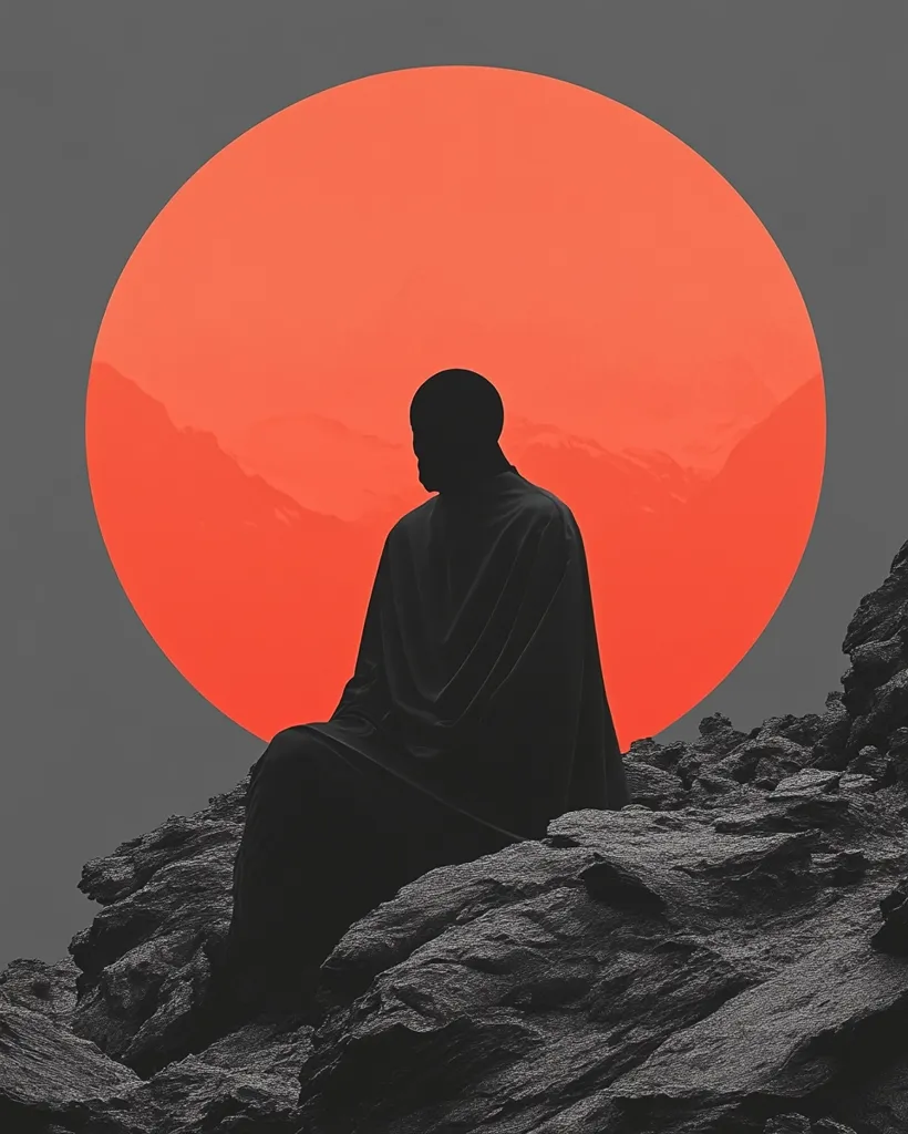 A solitary figure, shrouded in darkness, sits on a rocky outcrop. A large, vibrant orange circle fills the upper portion of the image, resembling a celestial body. The figure's face is hidden, suggesting mystery and contemplation. The stark contrast of the black silhouette against the fiery orange evokes a sense of isolation and introspection.