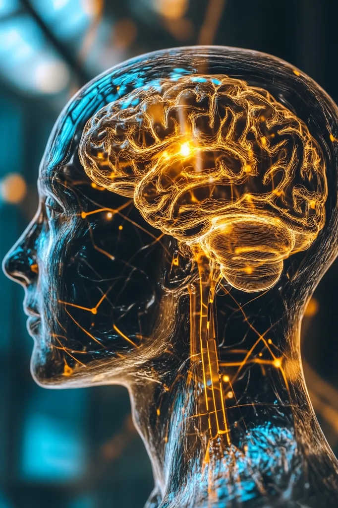 The image depicts a transparent human head with a glowing brain. The brain is rendered in intricate detail, with visible veins and connections. The glowing yellow and orange lines represent neural pathways, suggesting a network of interconnected thoughts and ideas. The surrounding background is a blurred blue, creating a sense of depth and ethereal beauty. The image evokes a sense of wonder and the vastness of the human mind.