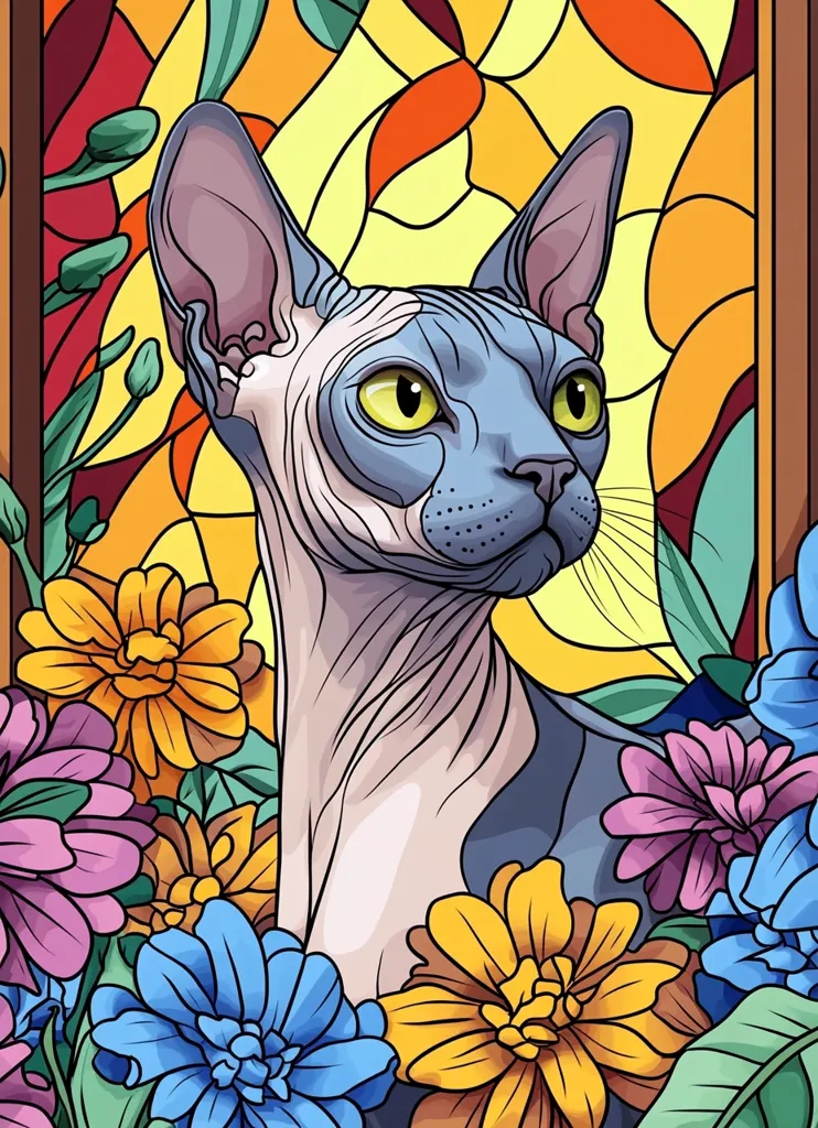 The image is a stylized cartoon of a Sphynx cat with large, yellow eyes. It is sitting in front of a stained glass window, with a background of colorful flowers, mainly yellow, blue and pink, with green leaves. The cat has a pink nose, blue skin and white fur. The image is drawn in a cartoon style, with bold lines and bright colors.  The cat is looking to the right. The background has lots of detail, including leaf patterns and floral designs.  The whole image appears to be in a framed window.
