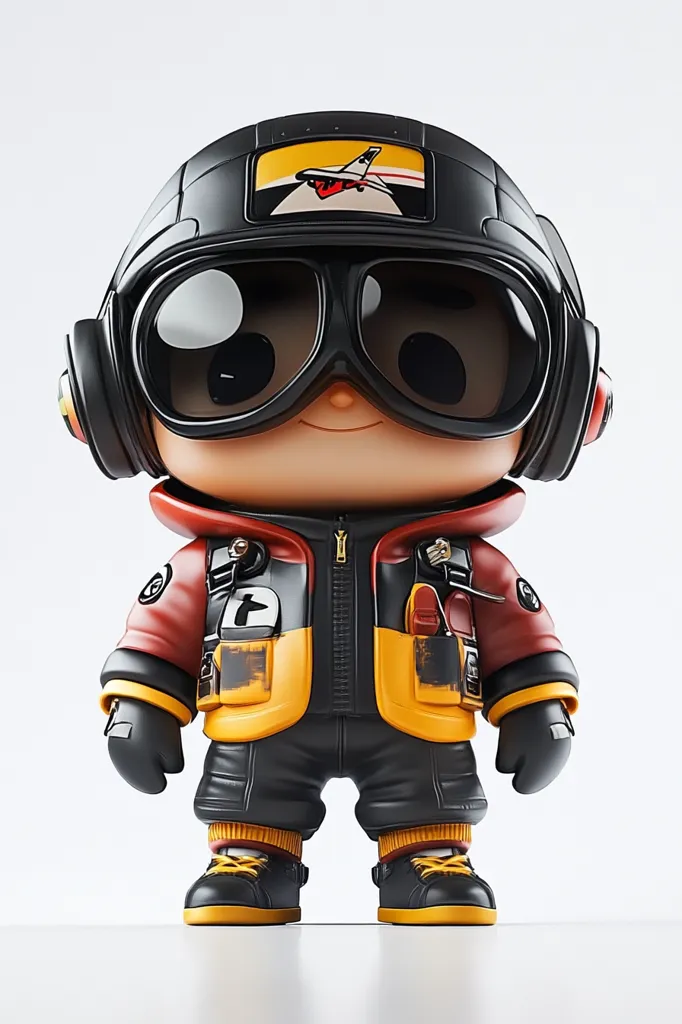 The image shows a cartoon character with a large head and a small body. The character is wearing a black helmet with a red airplane on it, black goggles, a black jacket with red and yellow accents, and black boots. The character is standing on a white background with a slight smile on its face.  The character is designed in a 3D style, with a realistic and glossy appearance.