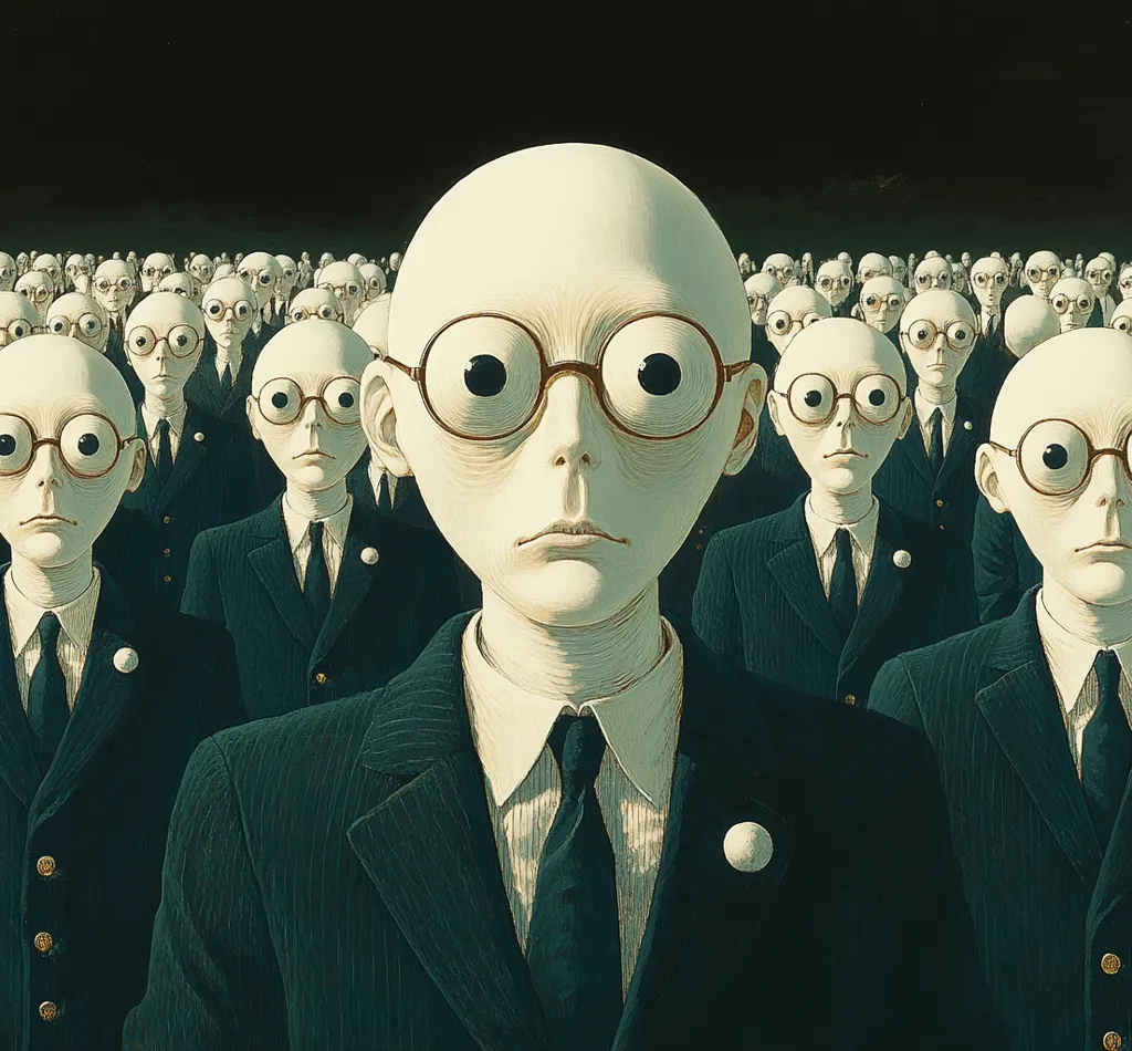 The image shows a large group of identical men, all wearing dark suits, white shirts, and black ties. They have large, wide eyes and bald heads. The composition is centered on a single man in the front, with the others fading into the background. The image has a surreal and unsettling quality. The men's lack of individuality suggests a theme of conformity or mass obedience. The large eyes seem to be staring intently at something, creating a sense of anticipation or unease. The overall tone is dark and mysterious.
