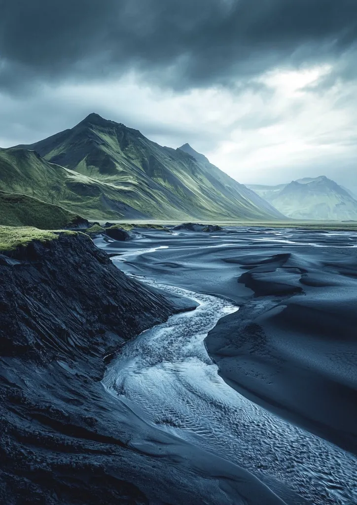 A winding river flows through a desolate landscape, its blue water a stark contrast to the dark, volcanic sand. The river weaves its way through the valley, framed by towering green mountains that rise against a cloudy sky. The scene is both dramatic and serene, capturing the raw beauty of a remote and untouched landscape.
