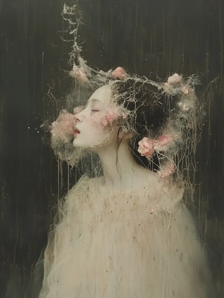 A woman's face is partially obscured by a web of delicate white tendrils and pink flowers. The background is a dark, textured wall, creating a sense of mystery and intrigue. Her eyes are closed, and her expression is serene, suggesting a state of peaceful contemplation. The image is evocative and dreamlike, leaving the viewer with a sense of wonder and curiosity.