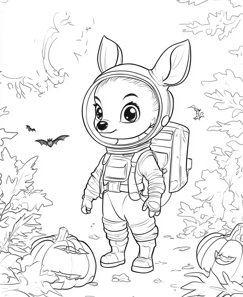 A cartoon deer in a spacesuit stands amongst pumpkins and trees. The deer has large, expressive eyes and a friendly smile. There are two bats flying in the air. The image is a black and white line drawing, suitable for coloring.  The deer is surrounded by nature, creating a whimsical scene.