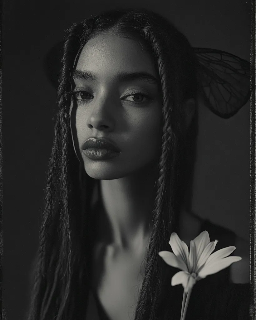 A black and white portrait of a young woman with long, braided hair. She is wearing a butterfly-shaped hair accessory and a delicate flower rests beside her face. Her gaze is downcast and her expression is serene, conveying a sense of quiet beauty and introspection. The image is framed by a dark border, adding to the sense of intimacy and mystery.