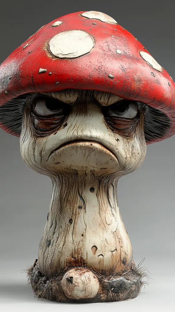 A ceramic mushroom sculpture with a red cap and white spots. The mushroom has a grumpy face with furrowed brows and a frown. The cap is slightly tilted, and the stem is textured to look like wood. The sculpture rests on a base of brown clay and has small tufts of brown hair around the base.  The overall effect is whimsical and slightly eerie.