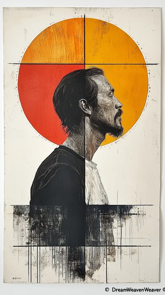 A black and white portrait of a man with a beard, set against a background of an orange and red circle. The man's face is turned to the side, and his eyes are closed. The image has a minimalist aesthetic and a strong sense of contrast between light and dark. It seems to evoke a feeling of contemplation or introspection. The background is made up of layers of paint, creating a textured effect. There are black lines throughout the image, giving it a sense of structure and depth. The overall effect is one of stark beauty and emotional intensity.