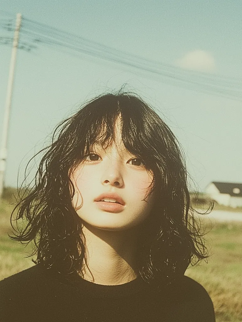 A young woman with dark, curly hair is photographed from the chest up. She is wearing a black shirt and has a soft expression on her face. The image is taken in a soft, warm light, and the background is blurred.  The photograph has a vintage film aesthetic.