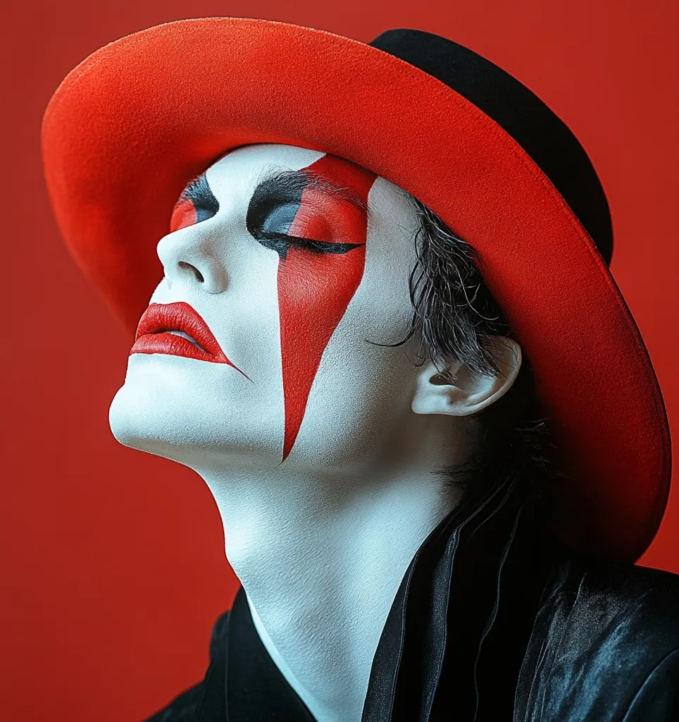 A person with white face paint and a red lightning bolt design on their cheek is wearing a red fedora with a black band. They are looking upwards with their eyes closed and wearing a black jacket. The background is a solid red.  The image is stylized and dramatic.