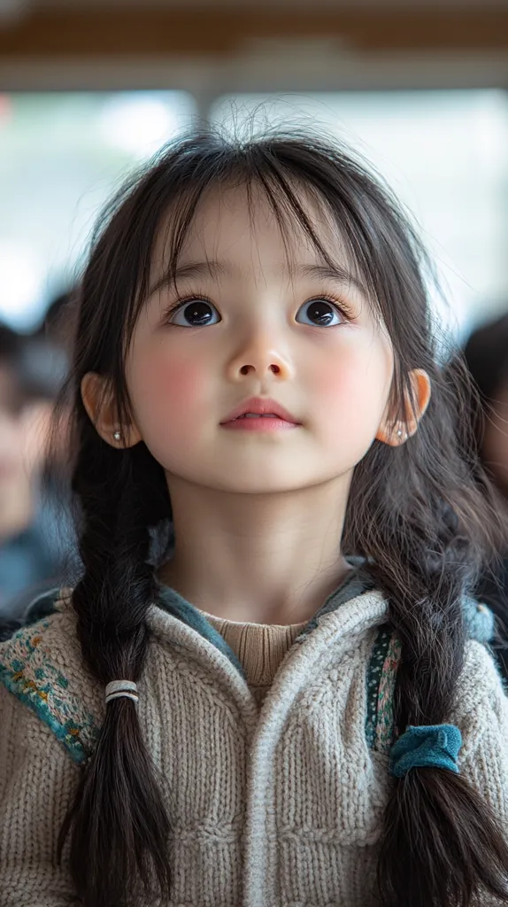 A Chinese child, intelligent, cute, pretty, beautiful, adorable, is attentively listening in class. --ar 9:16 --v 6.1 --stylize 750