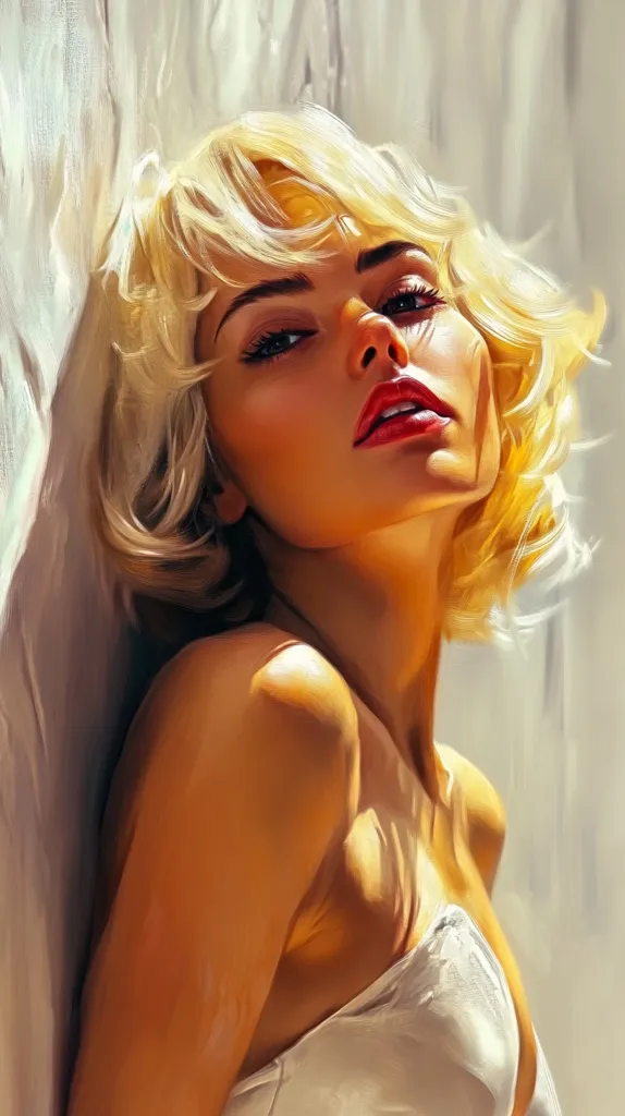 A woman with short blonde hair, wearing a white strapless top, is looking directly at the viewer.  The lighting is soft and warm, highlighting the woman's smooth skin and sensual features. Her red lips are slightly parted, creating a sense of anticipation.  The background is blurred, leaving the viewer to focus solely on the woman's captivating gaze.  The image evokes a sense of confidence and allure.