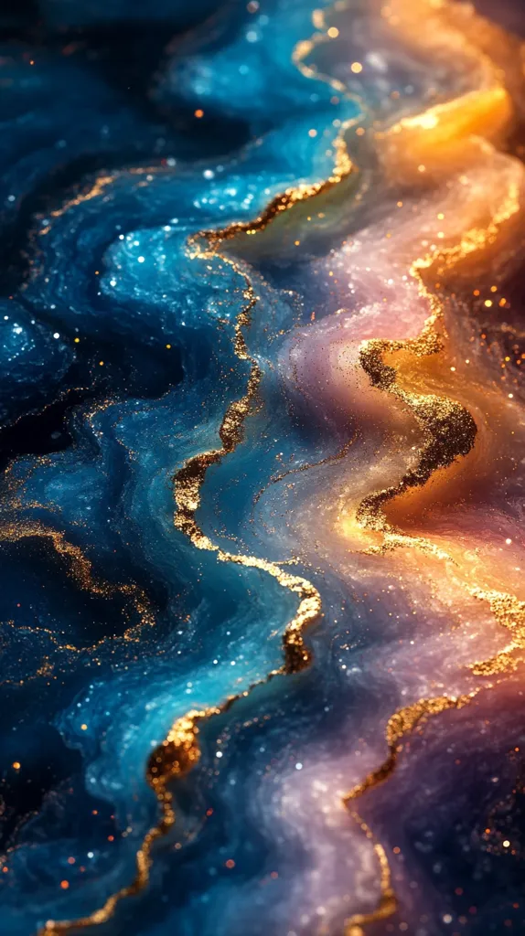 The image depicts a swirling abstract design with vibrant colors and a glittering texture.  It features a deep blue background with swirling patterns of light blue, purple, and orange.  Gold accents line the edges of the swirling patterns.  The background is reminiscent of water or flowing liquid with an ethereal, dreamy quality.  The image is captivating with its intricate details and vibrant colors.