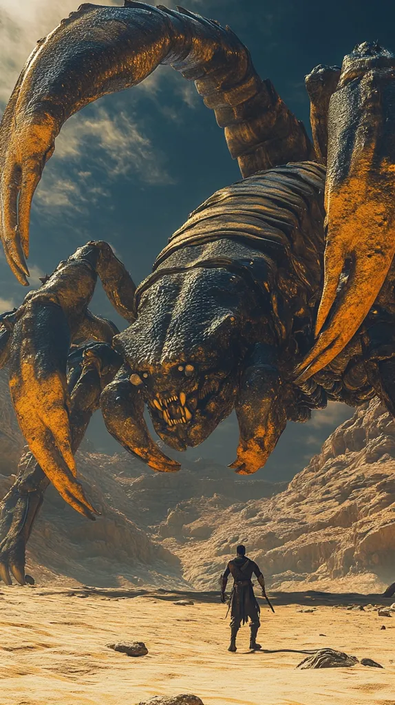 A giant, monstrous scorpion looms over a lone figure standing on a sandy desert plain. The scorpion has a dark, segmented body, sharp claws, and a menacing, toothy mouth. The figure, clad in dark clothing, stands with their back to the creature, seemingly facing the daunting task ahead. The sky above is filled with fluffy clouds, suggesting a sense of foreboding amidst the barren landscape.
