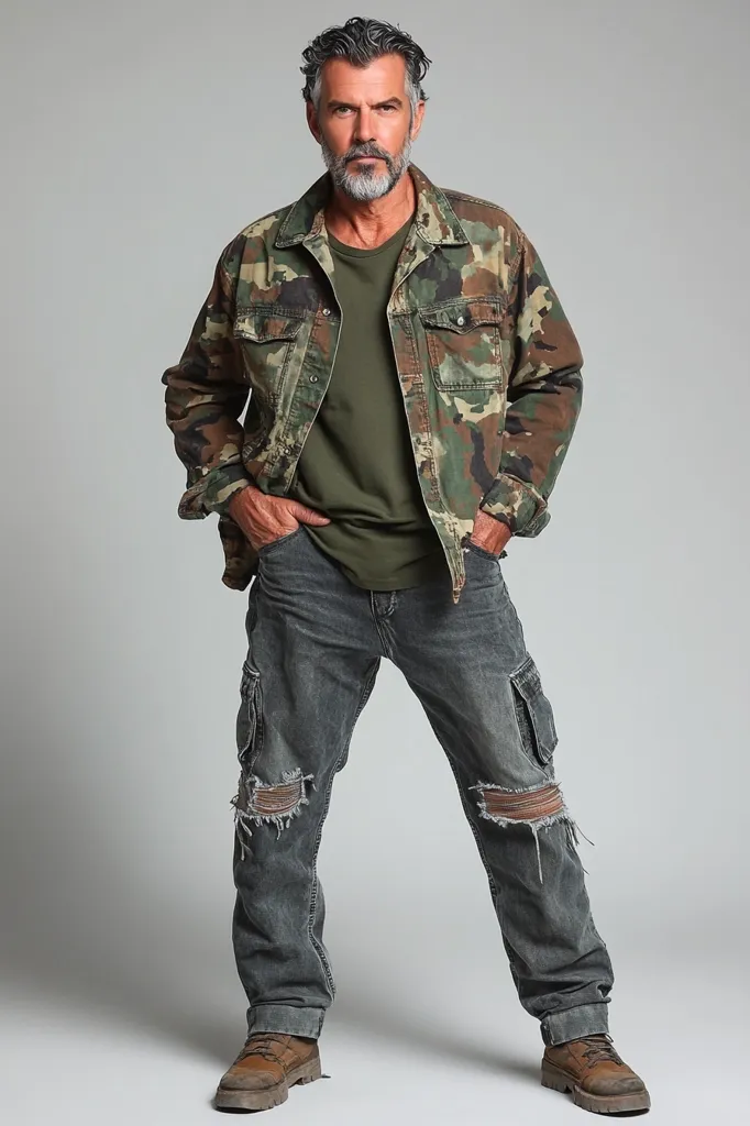 A man with a salt and pepper beard and a camouflage jacket stands with his hands in his pockets. He is wearing a dark green t-shirt and dark ripped jeans. He has brown leather boots on his feet. He is standing in front of a gray background.