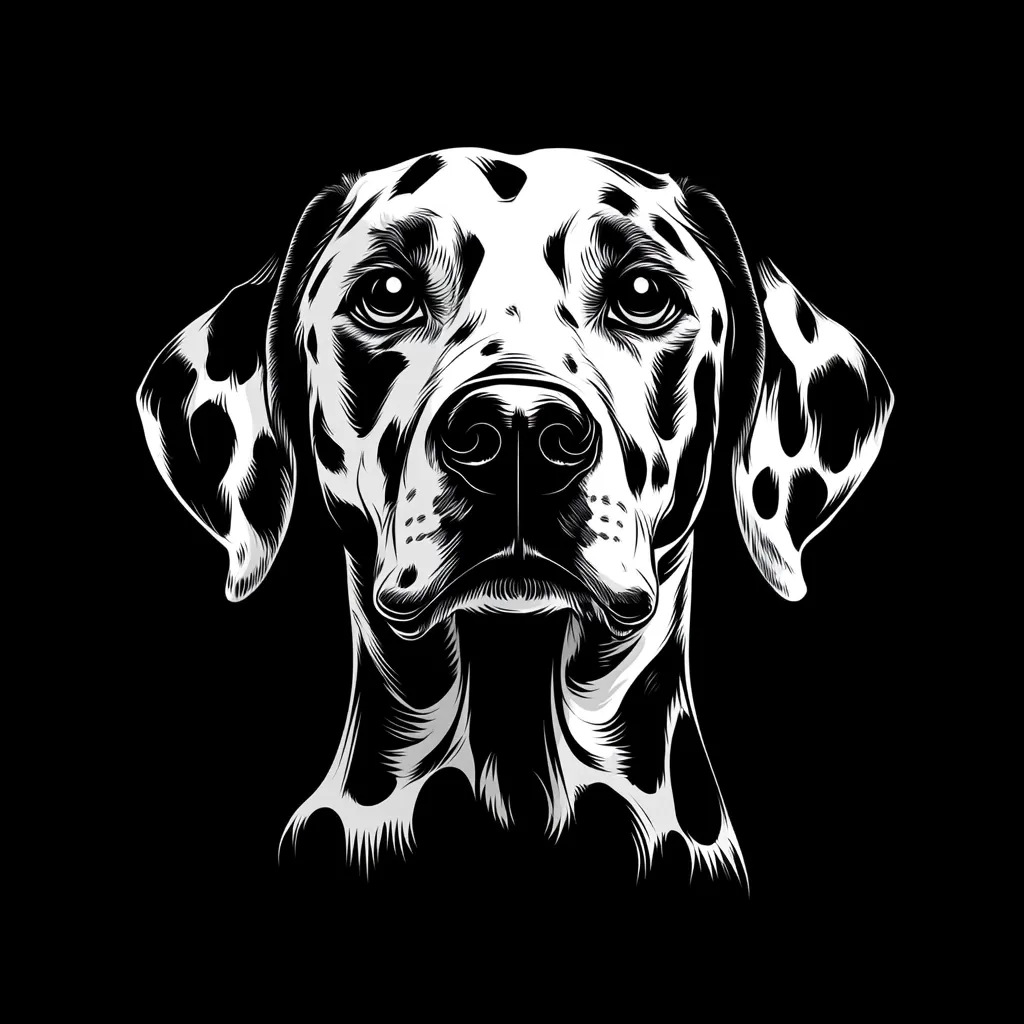 A detailed black and white illustration of a Dalmatian's head. The dog is looking directly at the viewer with a serious expression. The illustration is done in a realistic style, capturing the dog's fur, wrinkles, and other details. The background is black, making the dog stand out.
