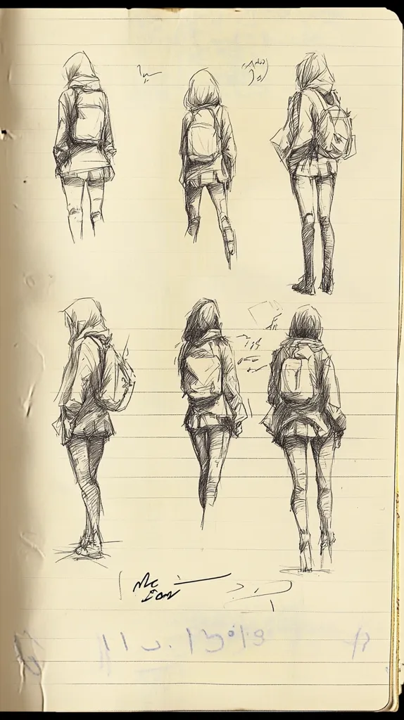 The image is a page from a sketchbook with six quick sketches of a young woman wearing a backpack and a short skirt. The sketches are drawn in pencil, and the page is lined. The sketches are simple but capture the pose and movement of the woman. There are a few notes written on the page in a foreign language. The date "11.1.13018" is written at the bottom of the page.
