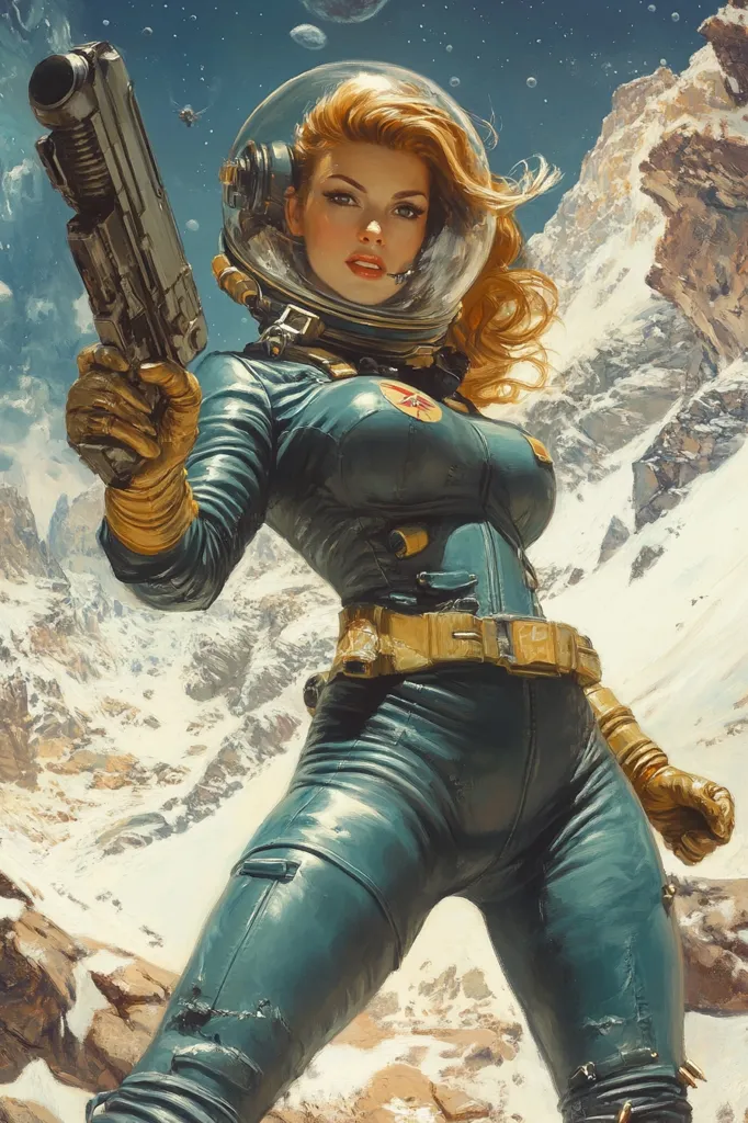 A female astronaut in a blue spacesuit and helmet holds a futuristic gun, standing on a snowy, mountainous landscape. She has long blonde hair and a determined expression.  A few stars and planets are visible in the background. The image evokes a sense of adventure and exploration.