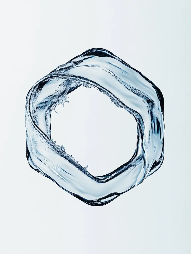 A translucent, flowing stream of water forms a hexagonal shape, creating a ring against a white background. The water appears smooth and glistening, with a faint blue hue. Light catches the surface of the water, creating a subtle shimmer. The image is a minimalist composition that highlights the beauty and fluidity of water.