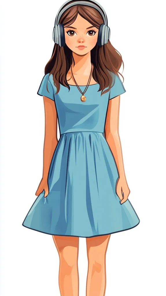 The image depicts a young woman with long brown hair wearing a light blue dress and white headphones. She is standing with her hands in her pockets, looking straight ahead with a neutral expression. The illustration is drawn in a cartoon style with soft colors and outlines.