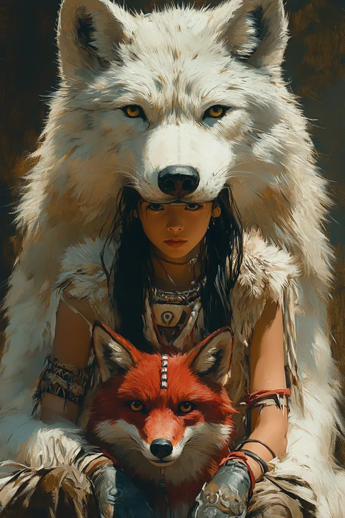 A young woman with long dark hair is wearing a white wolf fur coat that covers her head. She is holding a red fox in her arms.  The woman has a serious expression on her face and is looking directly at the viewer. The image is painted in a realistic style with soft lighting.  The image evokes a sense of mystery and power.