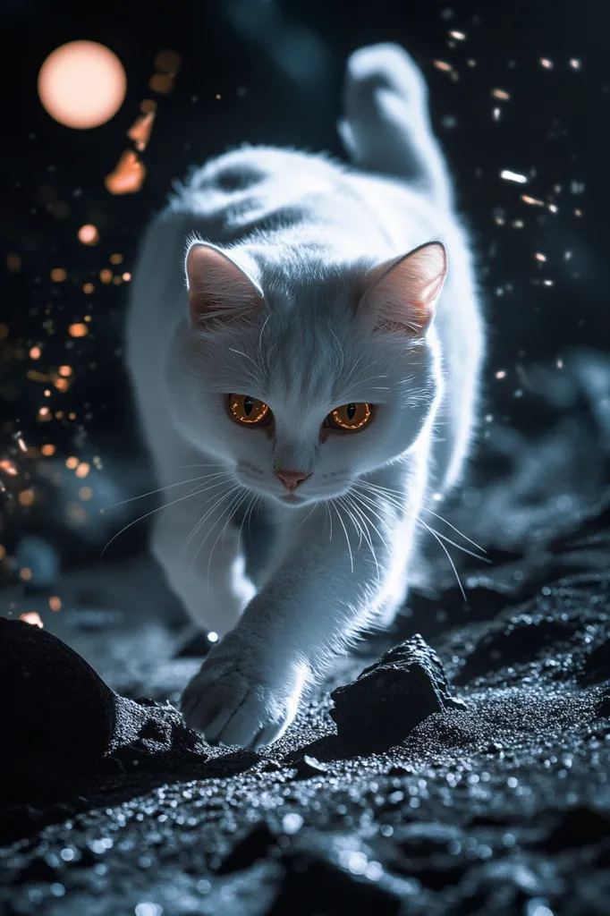 A white cat with piercing yellow eyes walks across a dark, textured surface, illuminated by a soft light. The cat's fur is sleek and white, contrasting with the dark background. The image captures a moment of stillness and mystery as the cat's gaze is fixed ahead, almost disappearing into the shadows.  The image evokes a sense of intrigue and quiet power.