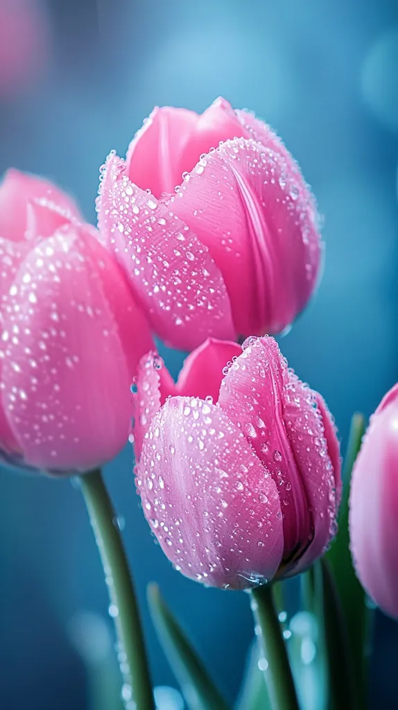 A cluster of pink tulips, their petals covered in glistening water droplets, are captured against a soft blue background. The delicate blooms, with their vibrant color and delicate texture, create a sense of beauty and freshness. The image evokes a feeling of spring and the joy of nature's simple pleasures.