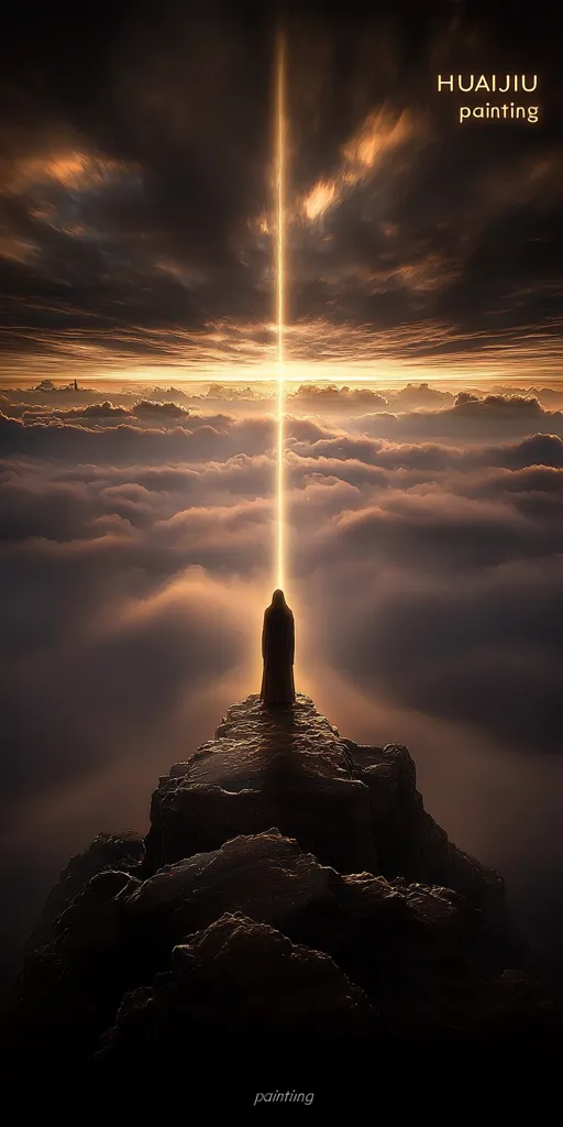A lone figure stands on a rocky outcropping, silhouetted against a dramatic sky. A beam of golden light pierces through the clouds, creating a sense of awe and wonder. The vast expanse of clouds below suggests a celestial setting, hinting at a spiritual journey or divine connection. The image is filled with a sense of mystery and quiet contemplation.