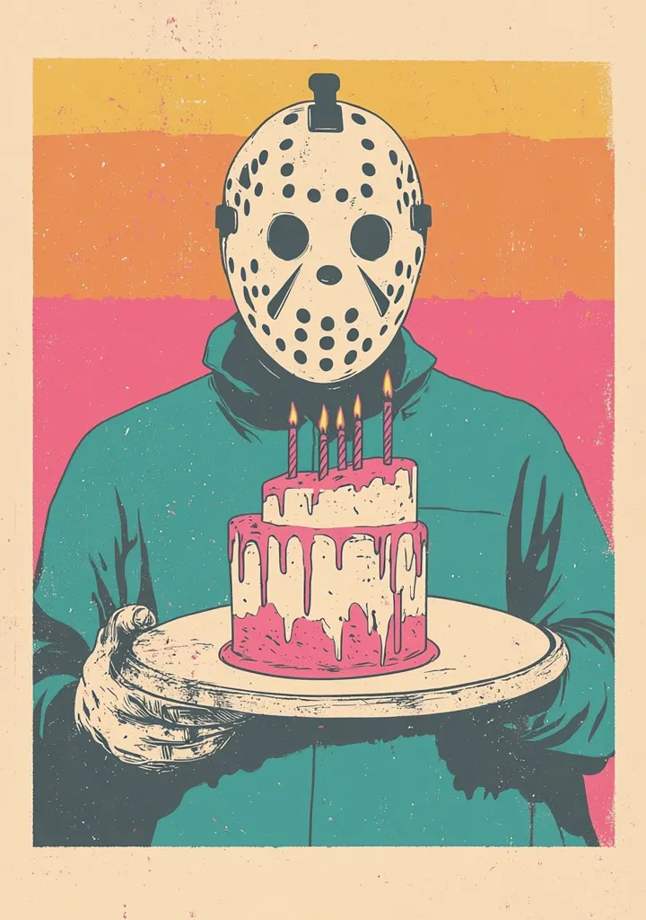 A horror movie villain, wearing a white hockey mask, is holding a birthday cake with lit candles on a wooden platter. The background features a retro color palette with a textured effect. The image is a humorous play on the juxtaposition of a terrifying figure and a celebratory occasion.