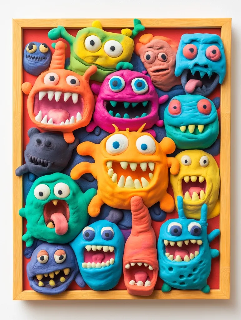 A framed picture filled with colorful, playful monsters made out of playdough. Each monster has unique features and expressions. Their big eyes, wide mouths, and playful colors create a whimsical and fun scene. Some monsters have teeth and tongues while others have antennas and spots. This playful art piece is a delightful and imaginative creation.