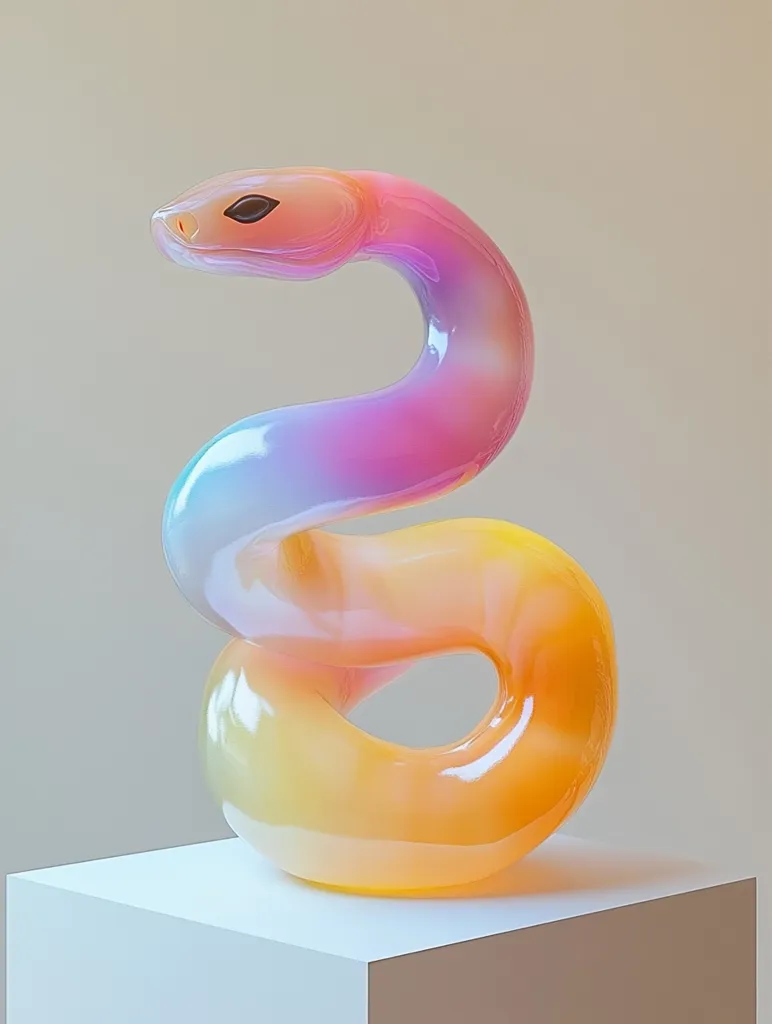 A colorful, abstract sculpture of a snake is perched atop a white pedestal. The snake's body is made of smooth, translucent glass, transitioning from pink to yellow. Its head is slightly raised, with a single black eye staring ahead. The sculpture is set against a plain, off-white backdrop, emphasizing the vibrant colors of the glass.
