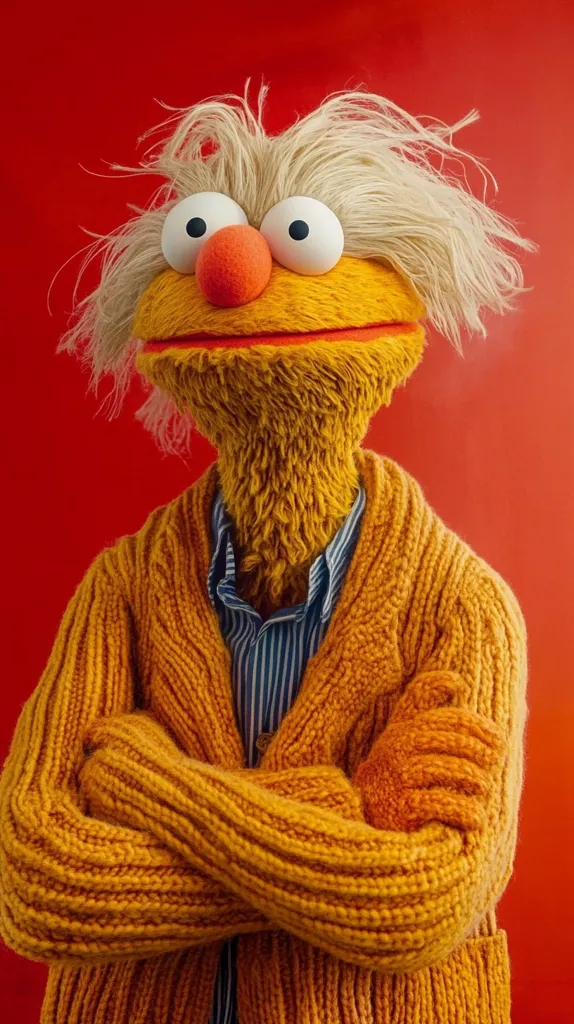 A yellow fuzzy puppet with large eyes, a red nose, and a bright smile, is wearing a brown knitted cardigan over a blue striped shirt. The puppet is standing against a solid red background. The puppet's arms are crossed, and it appears to be looking at the camera with a slightly mischievous expression.