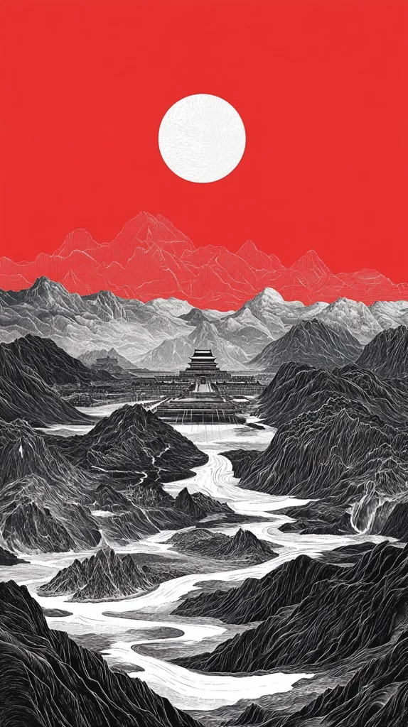 The image is a black and white illustration of a mountainous landscape with a large river snaking through the valleys.  A large white circle representing the sun is in the red sky above.  The distant mountains appear hazy, while the river is depicted in detail.  A small, dark building is located in the distance, near the river's origin.  The image suggests a peaceful and secluded setting.