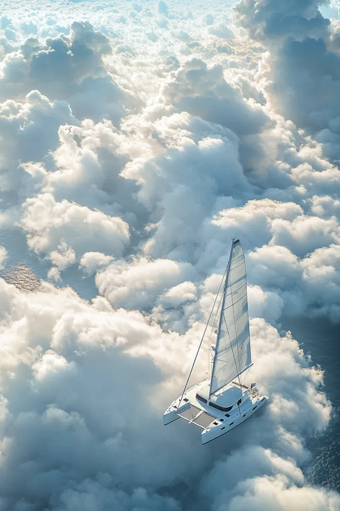 A white sailboat sails through a sea of white clouds. The sailboat's sails are full, and it appears to be gliding effortlessly over the clouds. The clouds are fluffy and white, and the sky is a light blue. The scene is peaceful and serene, and it evokes a sense of wonder and adventure.